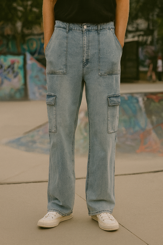 PANTALON JEAN BAGGY CARGO HOMBRE CON BOLSILLOS GRANDES