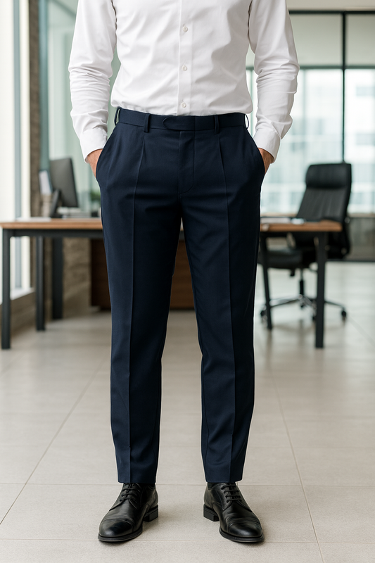 PANTALON DE TELA HOMBRE AZUL MARINO CON BROCHE OCULTO