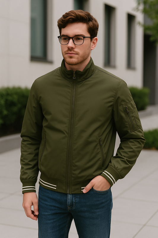 CHAQUETA ESTILO BOMBER JACKET HOMBRE VERDE MILITAR CON CREMALLERA Y DETALLES BLANCOS EN MANGAS Y FAJA.