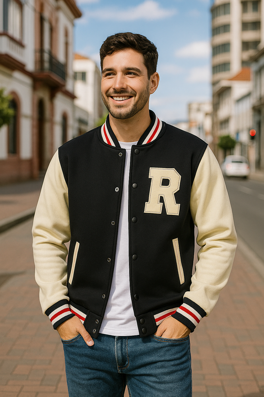 CHAQUETA UNIVERSITARIA R&R, MANGAS DE CUERO, CUELLO REDONDO CON LINEA ROJA Y ABERTURA DE BOTONES