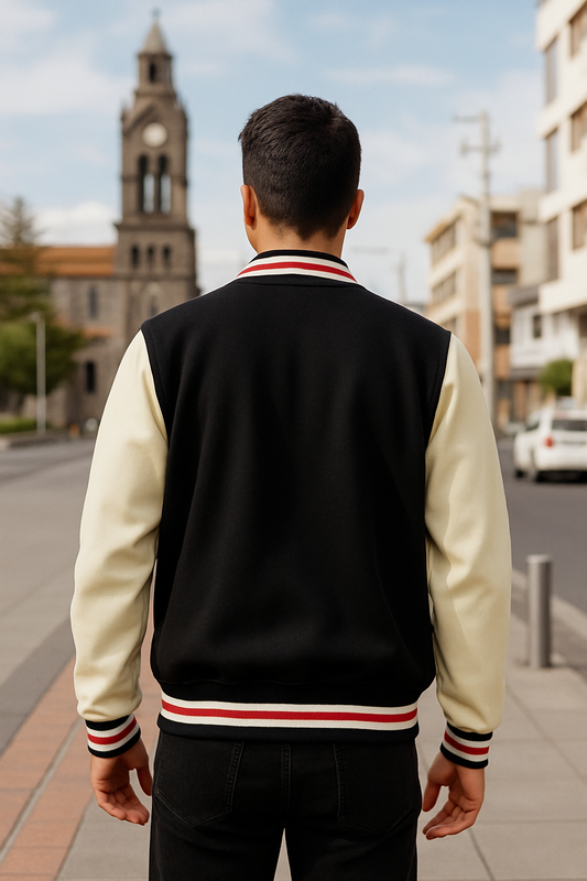 CHAQUETA UNIVERSITARIA R&R, MANGAS DE CUERO, CUELLO REDONDO CON LINEA ROJA Y ABERTURA DE BOTONES