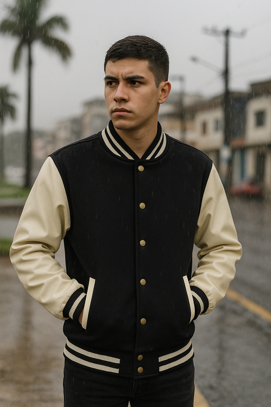 CHAQUETA UNIVERSITARIA LLANA, MANGAS DE CUERO, CUELLO REDONDO CON LINEA NEGRA Y BOTONES A PRESIÓN