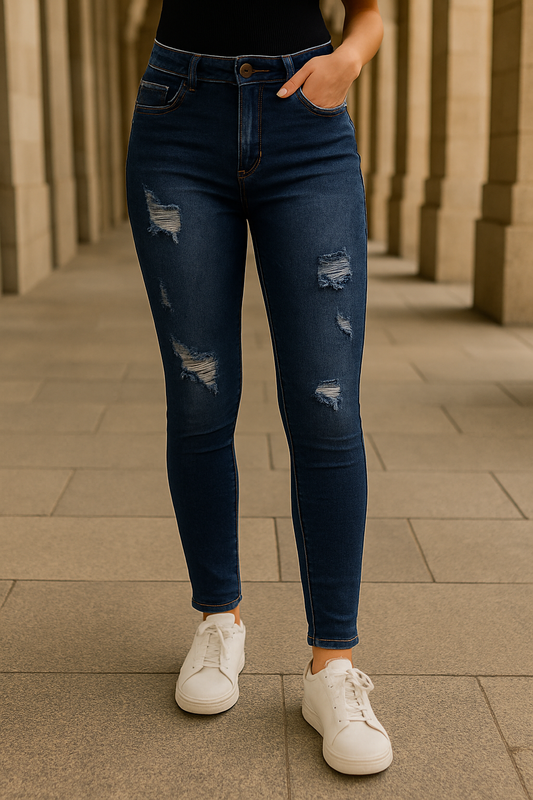 JEAN SKINNY DAMA TOBILLERO AZUL OSCURO CON ROTOS