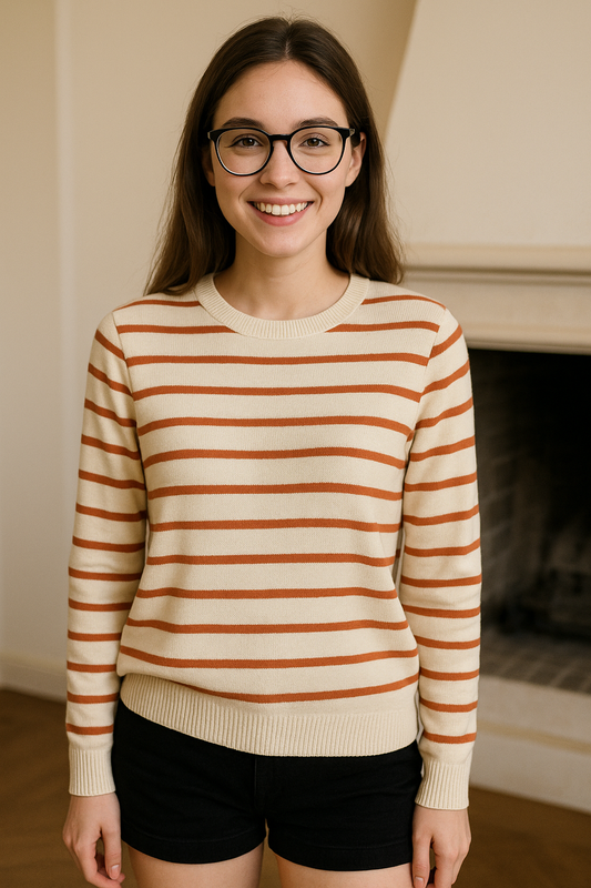 SUETER DAMA BLANCO CREMA CON RAYAS HORIZONTALES NARANJA DE CUELLO REDONDO TEJIDO Y FAJON