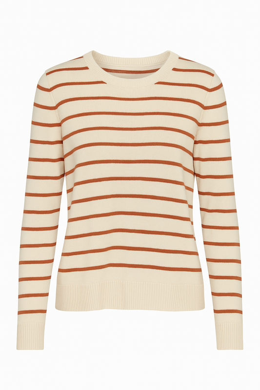 SUETER DAMA BLANCO CREMA CON RAYAS HORIZONTALES NARANJA DE CUELLO REDONDO TEJIDO Y FAJON