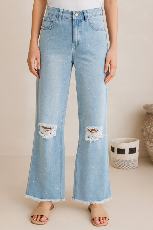 PANTALÓN JEAN DAMA CELESTE WIDE LEG RASGADO CON APLICACIONES DE DIAMANTES