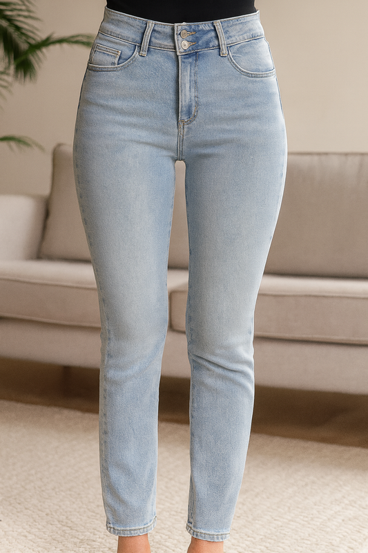 PANTALÓN JEAN DAMA CELESTE GRISACEO JASPEADO SKINNY FIT SIN BOLSILLOS TRASEROS