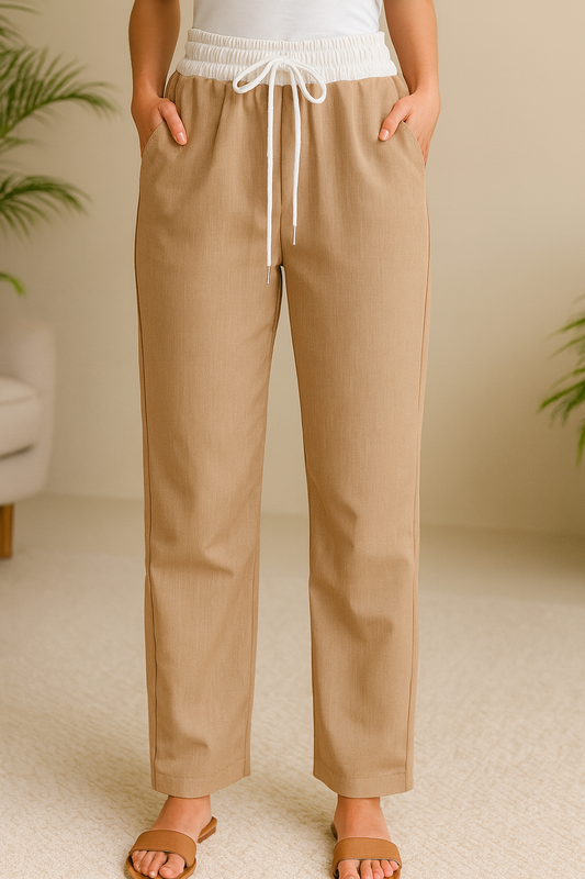 PANTALÓN DAMA RECTO CON PRETINA ELÁSTICA Y CORDÓN AJUSTABLE (CAQUI O AZUL MARINO)