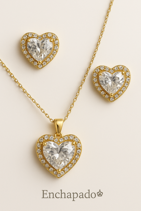 SET DE CORAZÓN BAÑADOS EN DORADO CON DIAMANTES CADENA + ARETES F9874
