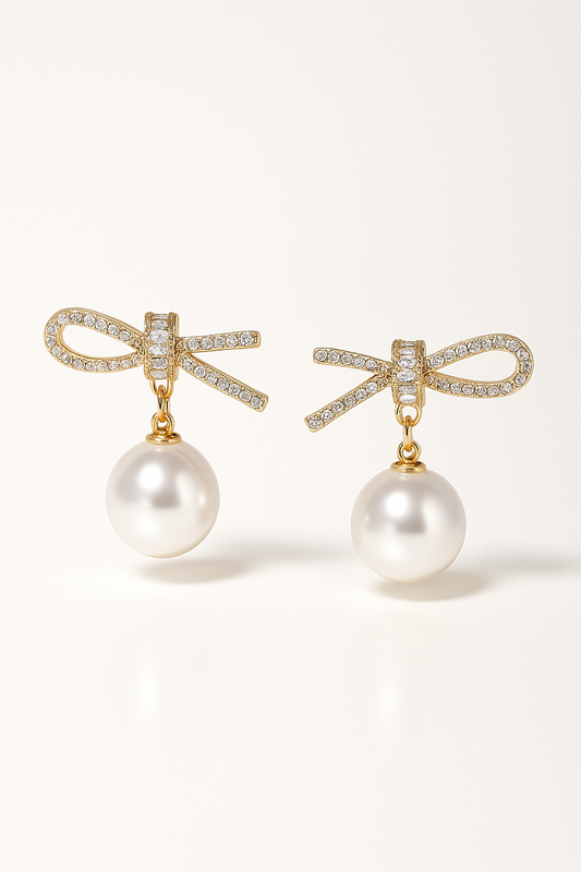 ARETE DORADO CON LAZO DIAMANTADO Y PERLA COLGANTE A3750