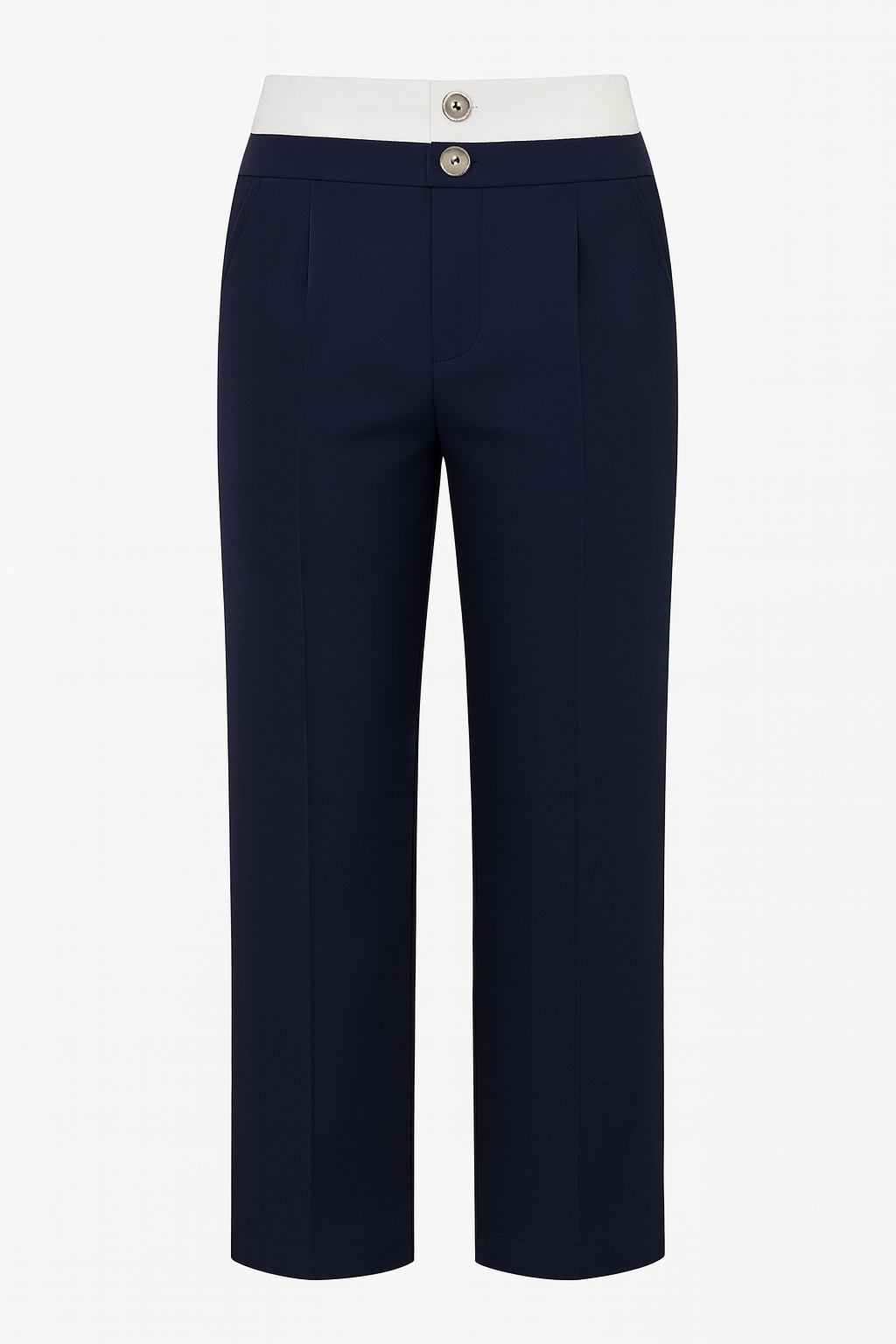 PANTALÓN DAMA AZUL MARINO RECTO DE VESTIR CON PRETINA BLANCA Y BOTONES DECORATIVOS