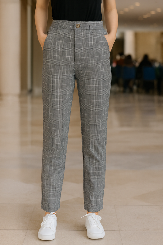 PANTALÓN DAMA GRIS DE VESTIR RECTO CON DISEÑO A CUADROS Y BOLSILLOS DECORATIVOS