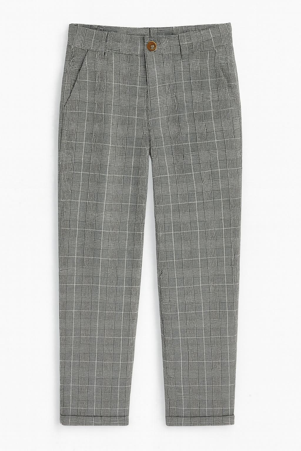 PANTALÓN DAMA GRIS DE VESTIR RECTO CON DISEÑO A CUADROS Y BOLSILLOS DECORATIVOS