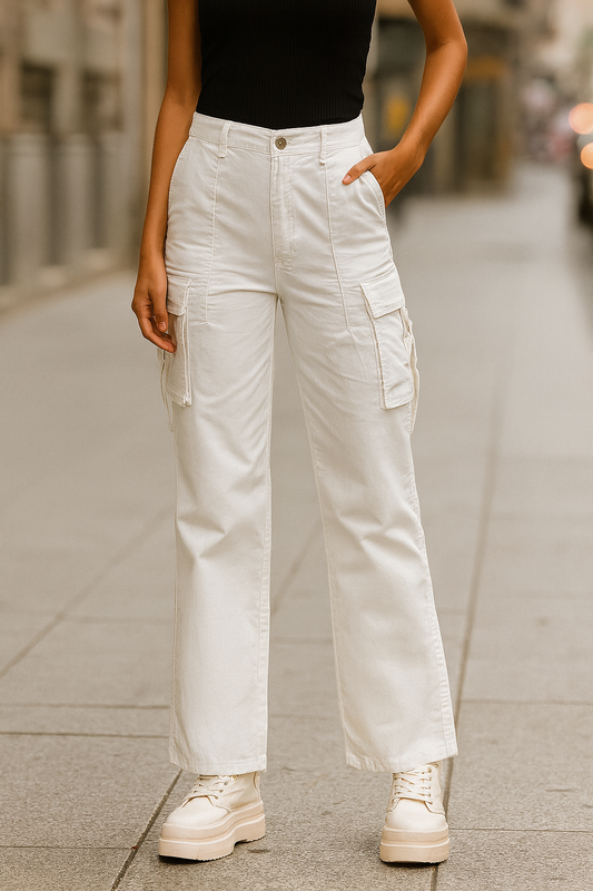 PANTALÓN CARGO DAMA BLANCO RECTO SIN BOLSILLOS TRASEROS