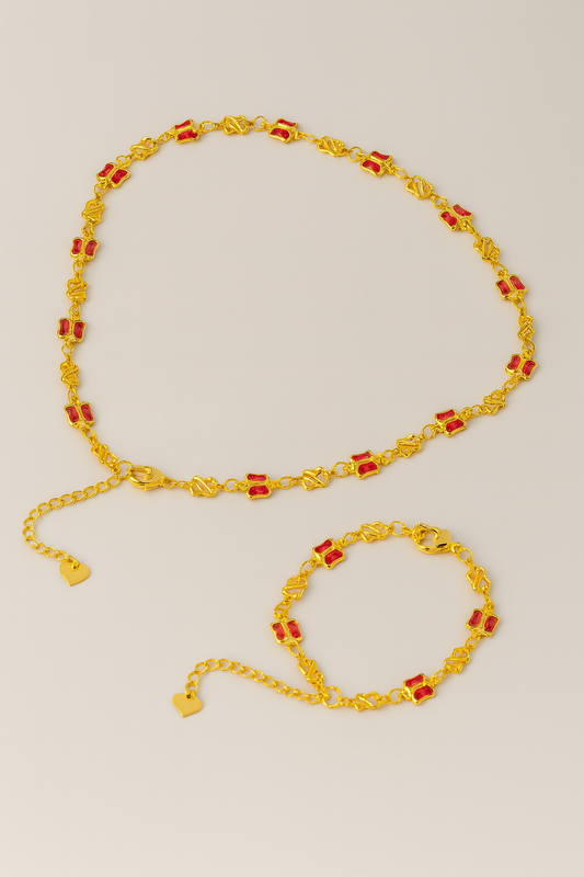 SET COLLAR Y PULSERA DORADA CON MARIPOSAS ROJAS E3286