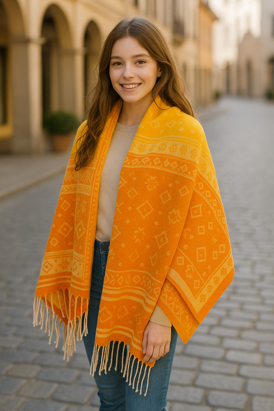 CHALINA AMARILLO - NARANJA CON FIGURAS GEOMETRICAS Y FLECOS