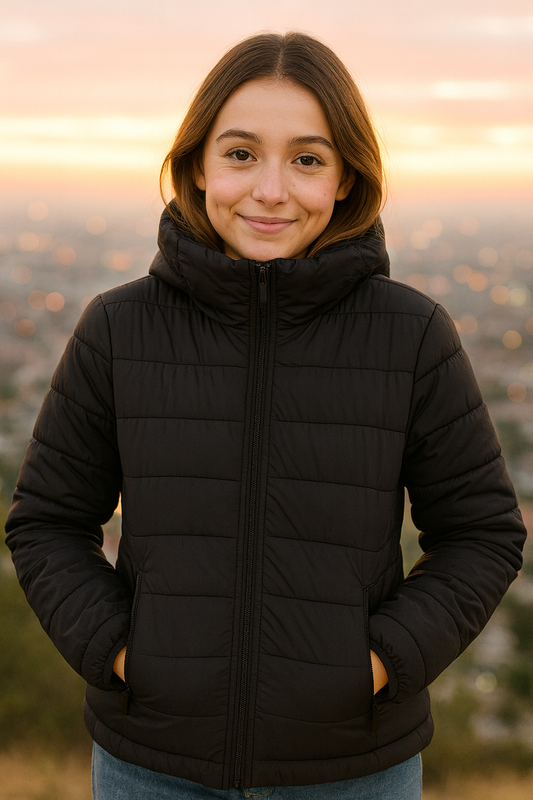 CHAQUETA DAMA PUFFER NEGRA CON BOLSILLOS Y CIERRE