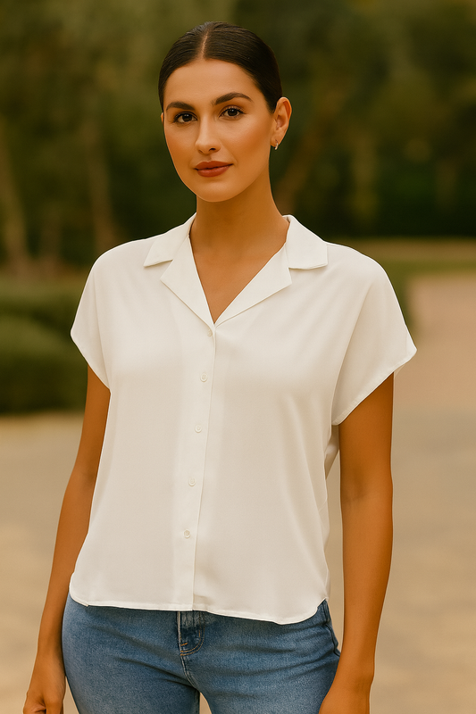 BLUSA DAMA MANGA CORTA BLANCA CON CUELLO CAMISERO