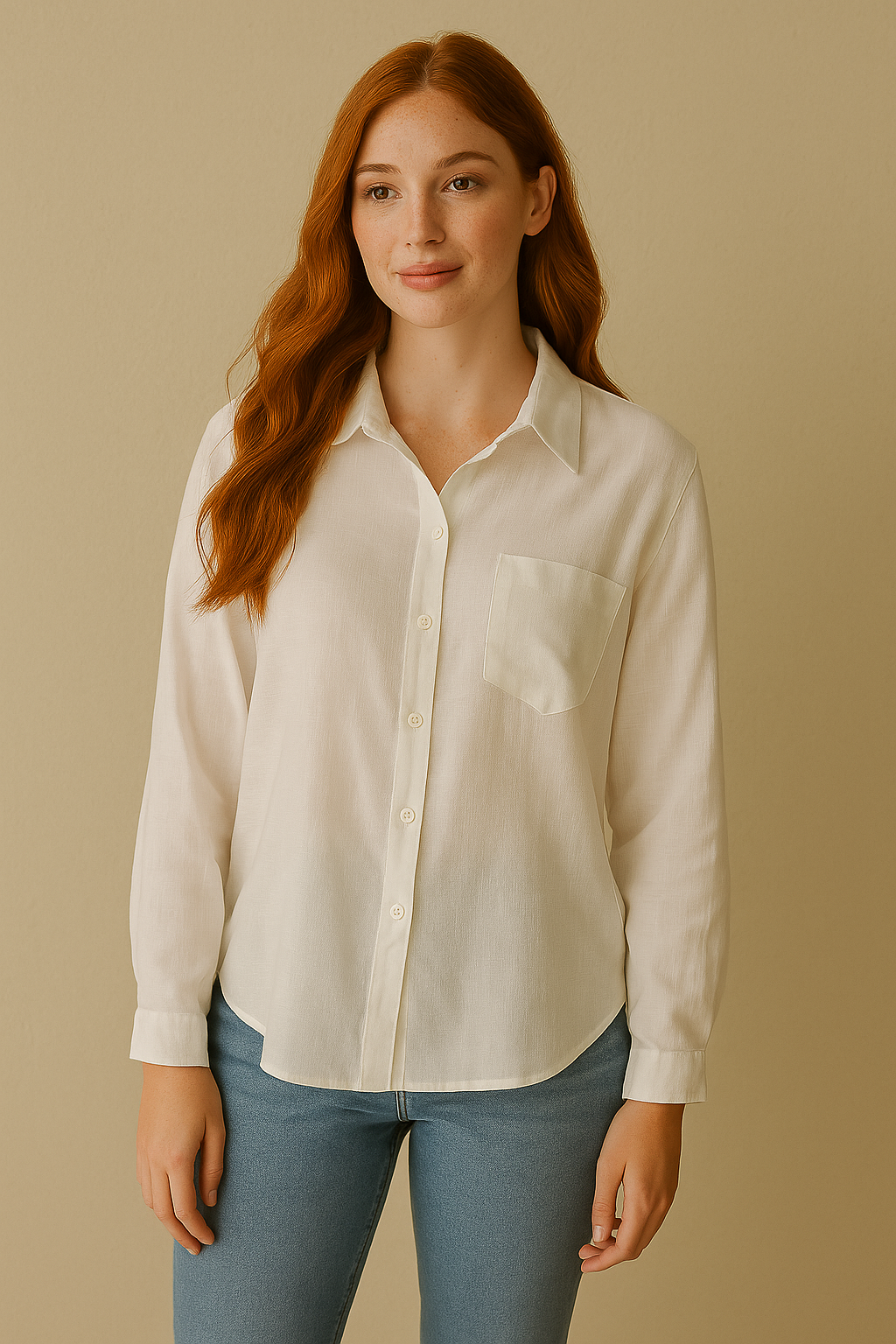 BLUSA DAMA MANGA LARGA BLANCA DE LINO CON BOLSILLO