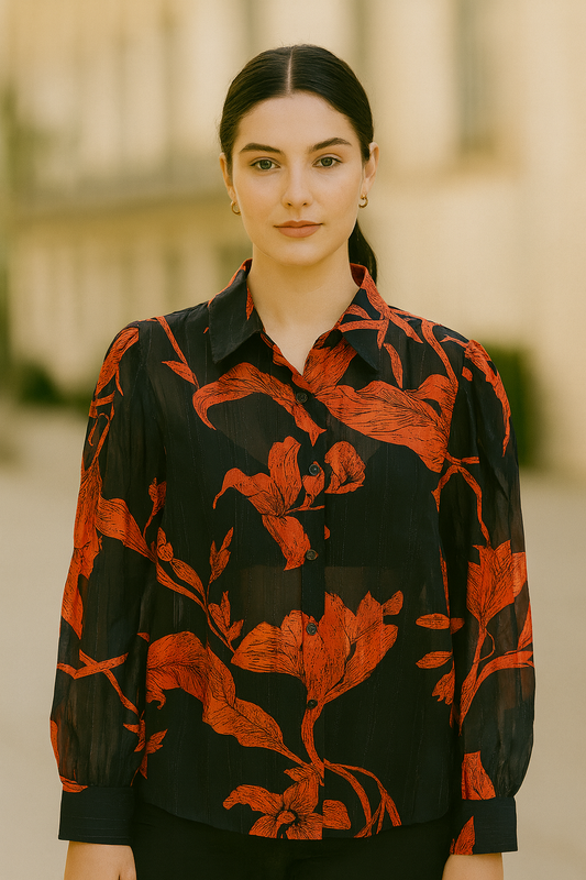 BLUSA DAMA MANGA LARGA TRANSPARENTE ESTAMPADO FLORAL