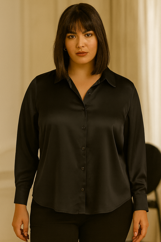 BLUSA DAMA MANGA LARGA NEGRA DE BOTONES Y CUELLO EN V