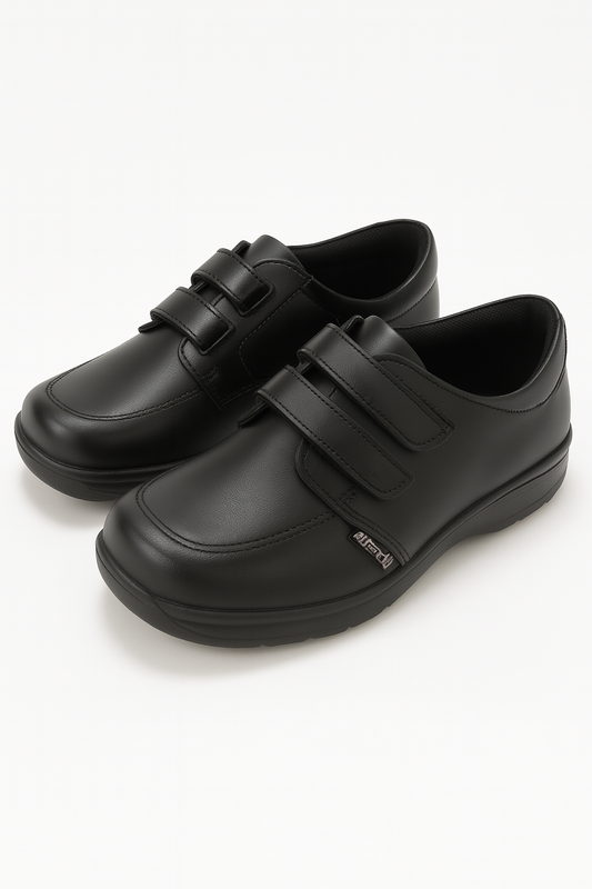 ZAPATOS ESCOLARES NEGROS DE CUERO CON ABERTURA AJUSTABLE DE VELCRO