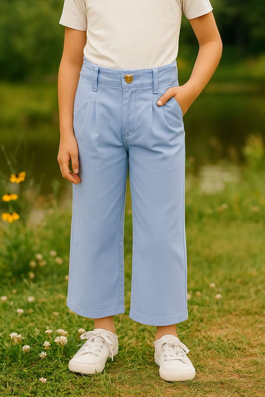 PANTALÓN NIÑA WIDE LEG CON BOTÓN DORADO EN FORMA DE CORAZÓN