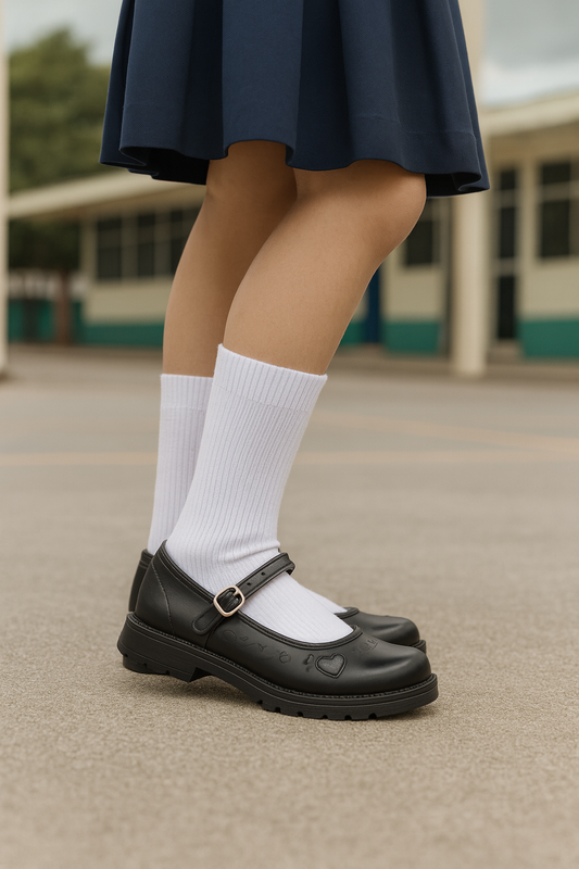 ZAPATOS ESCOLARES NEGROS DE NIÑA CON CORREA AJUSTABLE Y DETALLE DE CORAZÓN