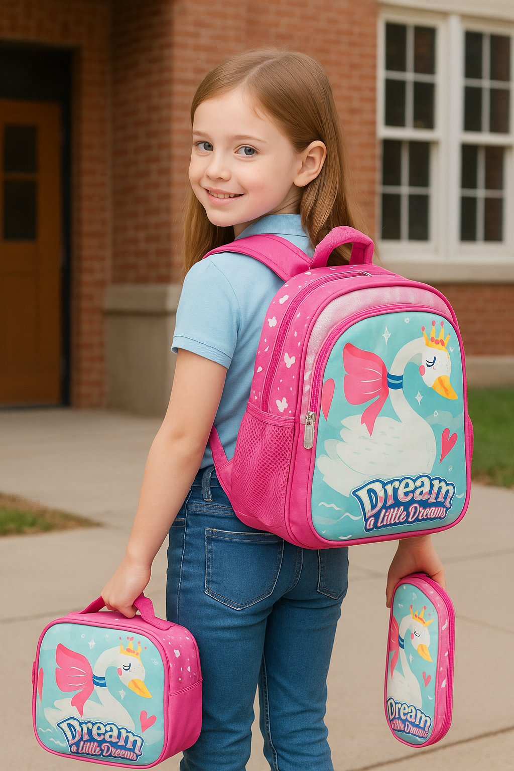 COMBO MOCHILA LONCHERA Y CARTUCHERA DE NIÑA CISNE