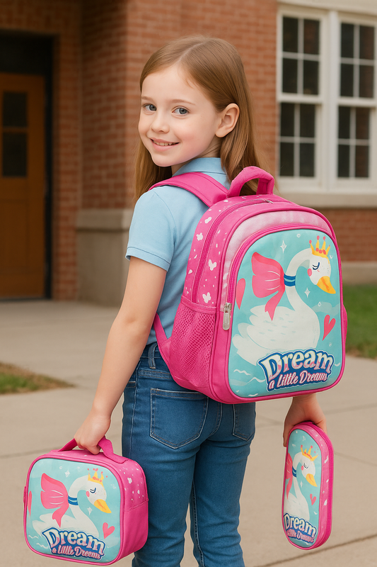 COMBO MOCHILA LONCHERA Y CARTUCHERA DE NIÑA CISNE