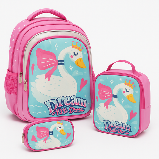 COMBO MOCHILA LONCHERA Y CARTUCHERA DE NIÑA CISNE