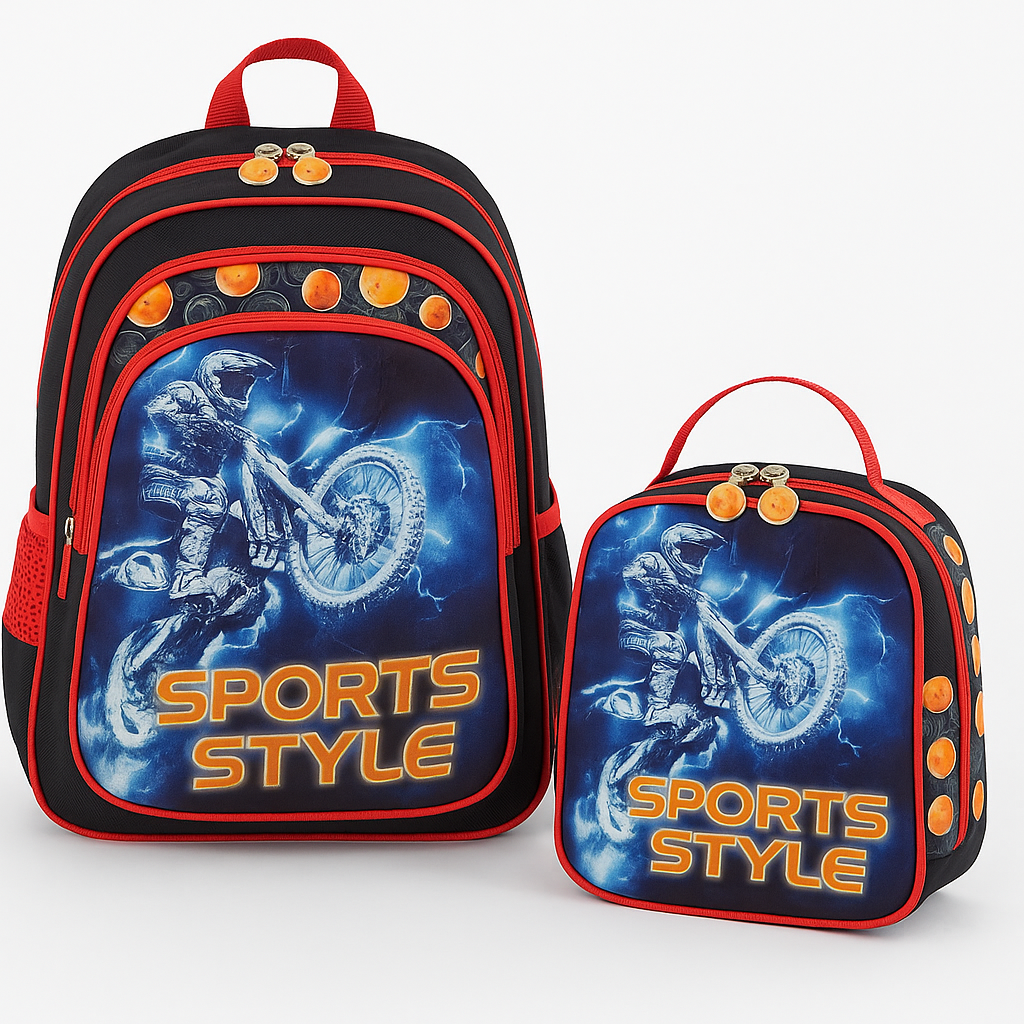 COMBO MOCHILA LONCHERA NIÑO MOTOCICLETA