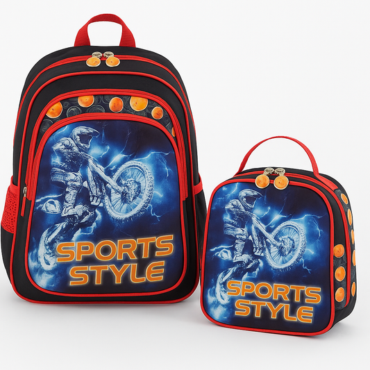COMBO MOCHILA LONCHERA NIÑO MOTOCICLETA