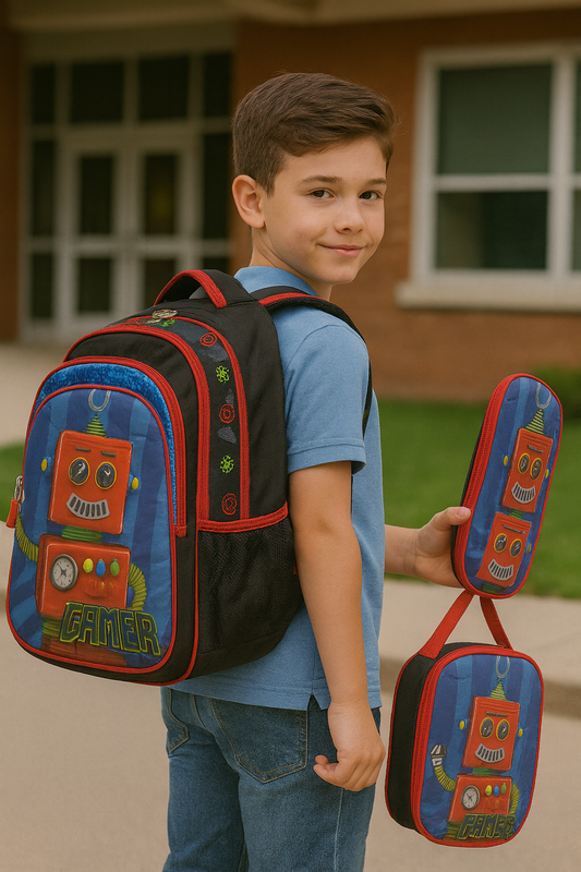 COMBO MOCHILA LONCHERA CARTUCHERA NIÑO GAMER ROBOT