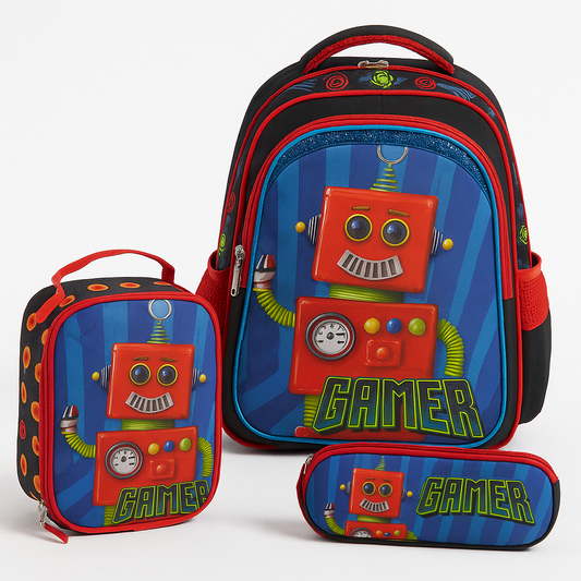 COMBO MOCHILA LONCHERA CARTUCHERA NIÑO GAMER ROBOT