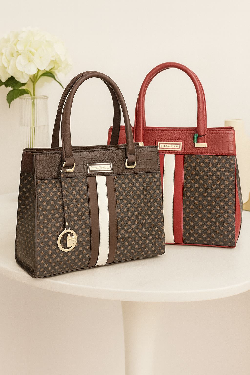 CARTERA DAMA ESTAMPADA CON DETALLES EN ROJO O CAFÉ