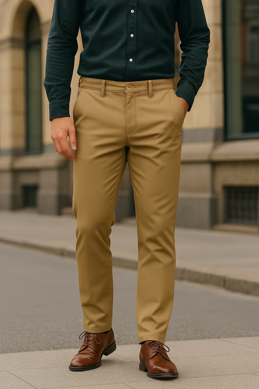 PANTALÓN GABARDINA SLIM FIT CAQUI DE CORTE MODERNO Y BOTÓN AL TONO