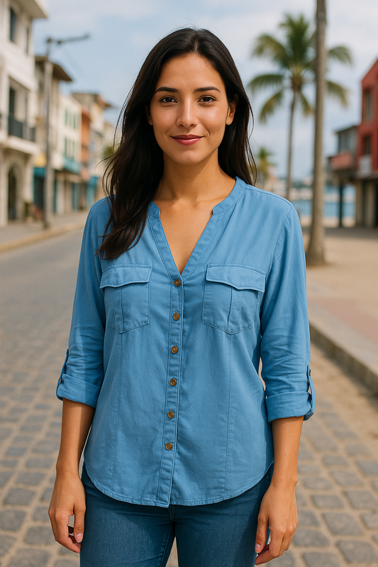 BLUSA PLUS CUELLO EN V ABOTONADA CON DOS BOLSILLOS EN EL PECHO