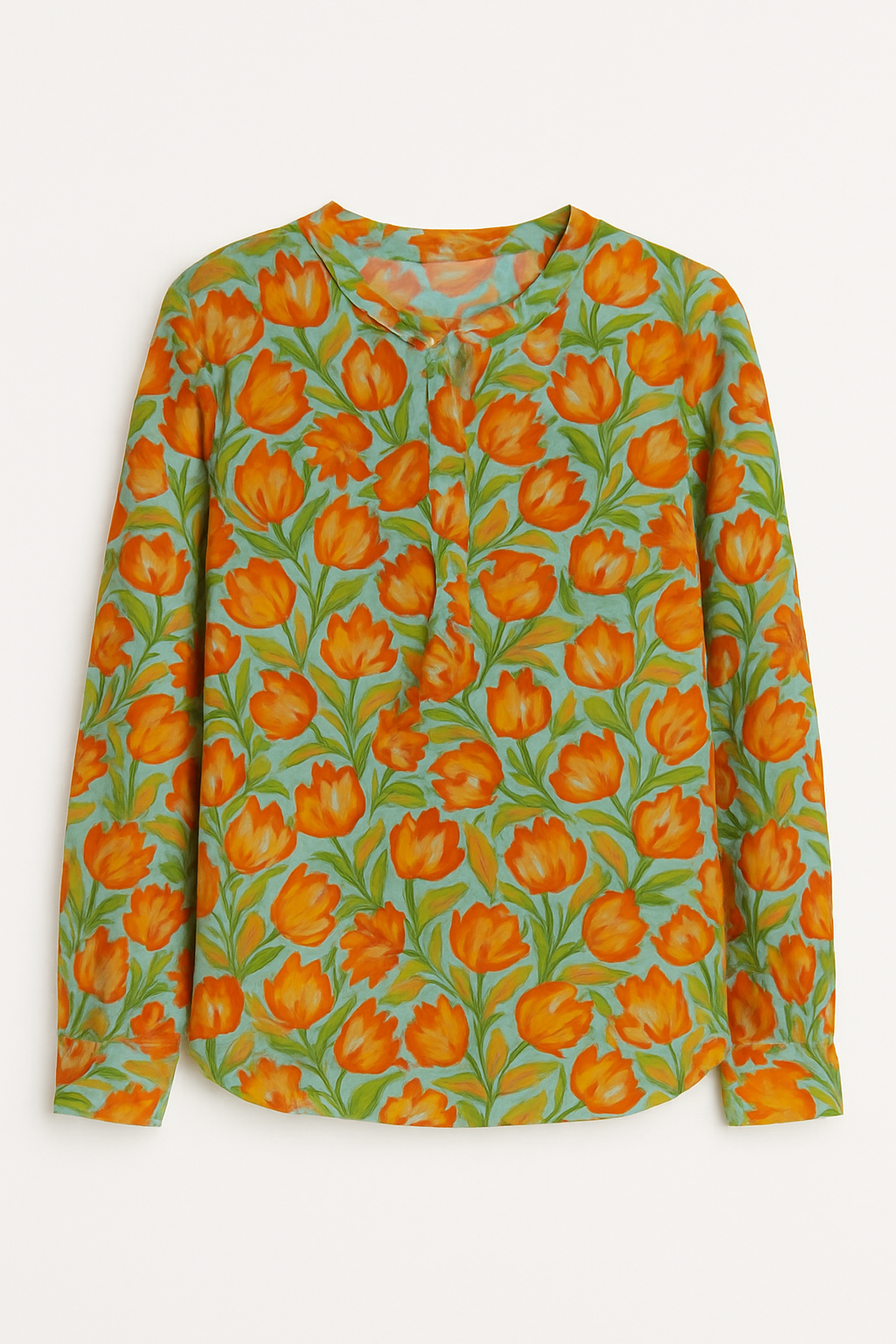 BLUSA NARANJA ESTAMPADA DISEÑO FLORAL TROPICAL MANGA LARGA