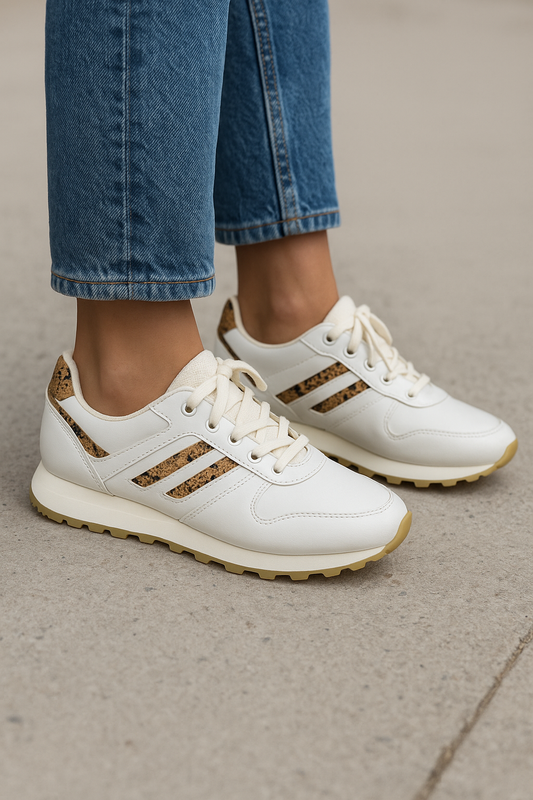 ZAPATO MUJER DEPORTIVO BLANCO CON CAFE Y DETALLE TIPO PIEL DE SERPIENTE
