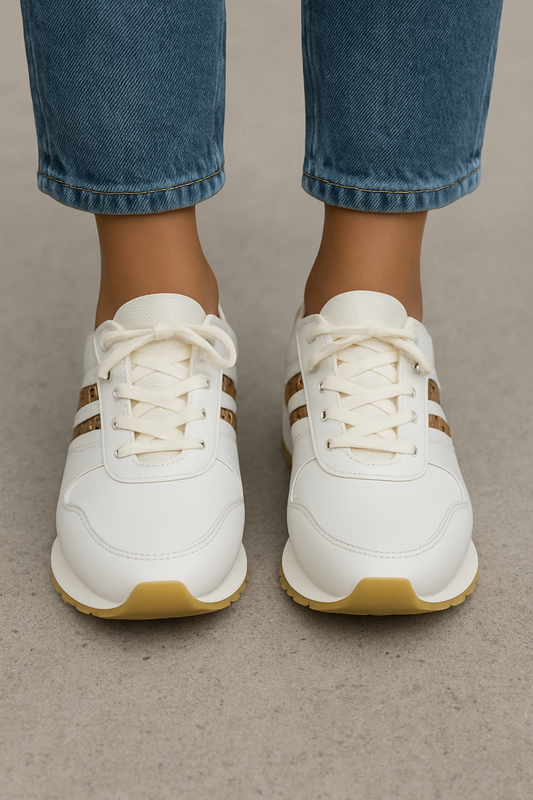 ZAPATO MUJER DEPORTIVO BLANCO CON CAFE Y DETALLE TIPO PIEL DE SERPIENTE