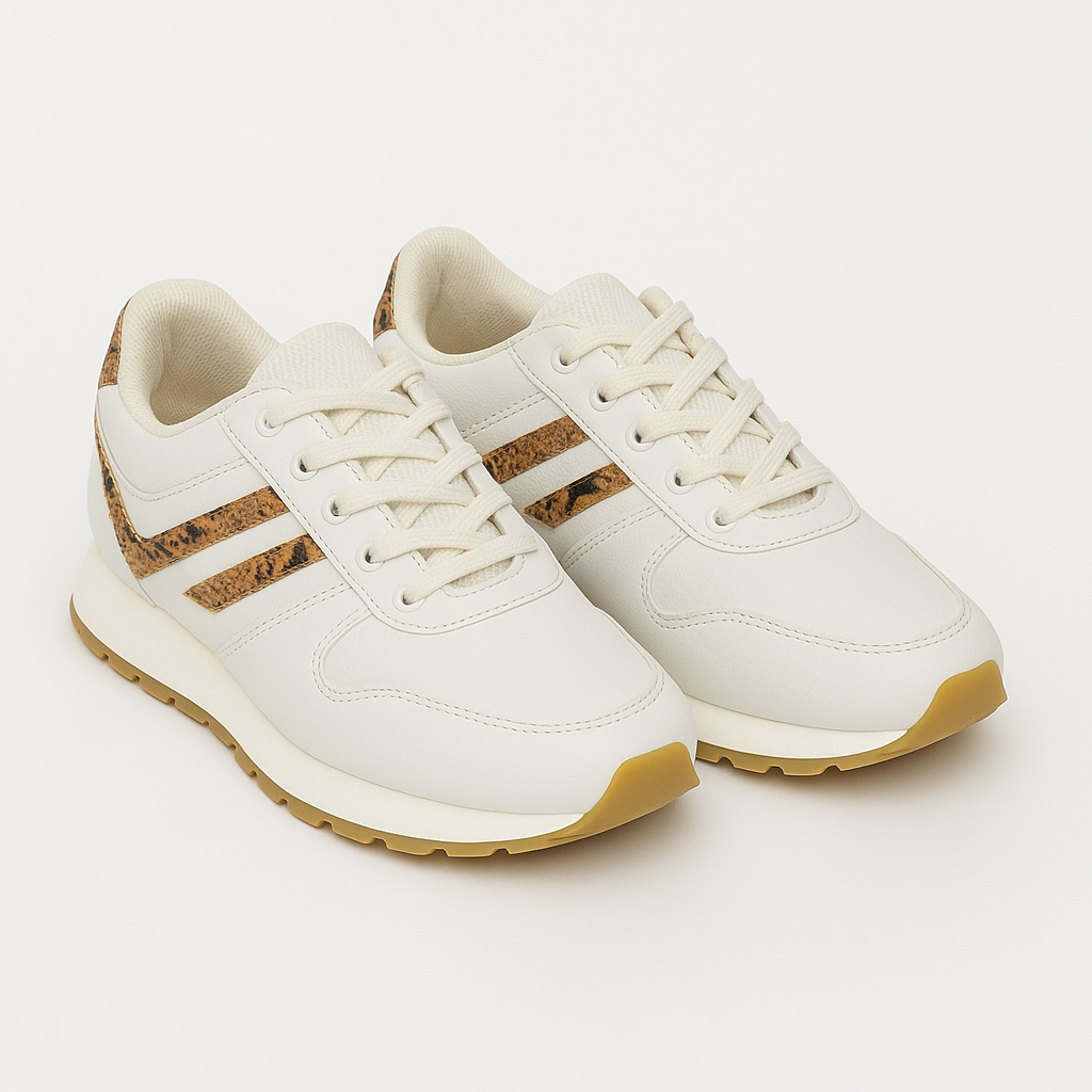 ZAPATO MUJER DEPORTIVO BLANCO CON CAFE Y DETALLE TIPO PIEL DE SERPIENTE
