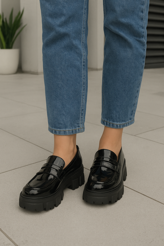 ZAPATO NEGRO DAMA MOCASIN ENCHAROLADO PLANTA ALTA