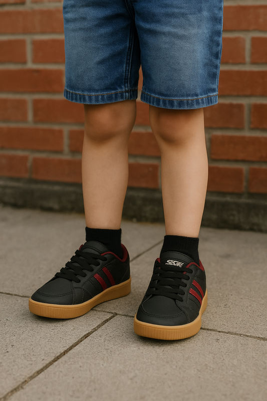 ZAPATO NIÑO PLY STIR NEGRO Y DOS RAYAS ROJAS