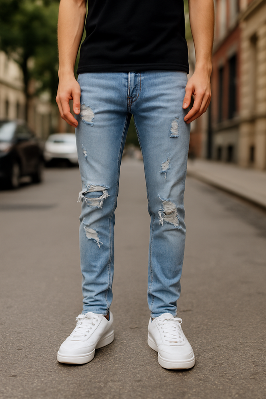 PANTALÓN JEAN SKINNY AZUL CLARO ROTOS CON BOTÓN PLATEADO