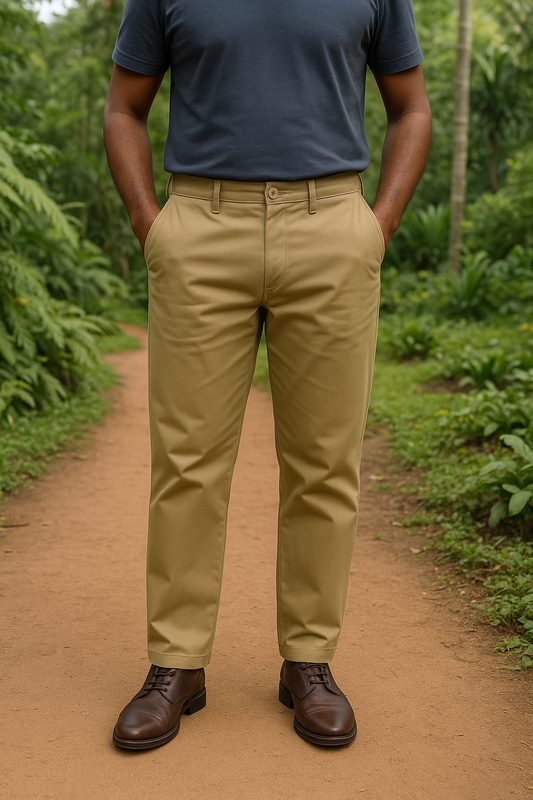 PANTALÓN SLIM FIT CAQUI DE CORTE MODERNO Y BOTÓN AL TONO