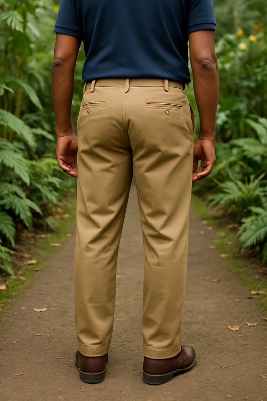 PANTALÓN SLIM FIT CAQUI DE CORTE MODERNO Y BOTÓN AL TONO