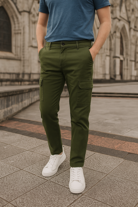 PANTALÓN CARGO, DISEÑO LISO CON BOTÓN CAFÉ