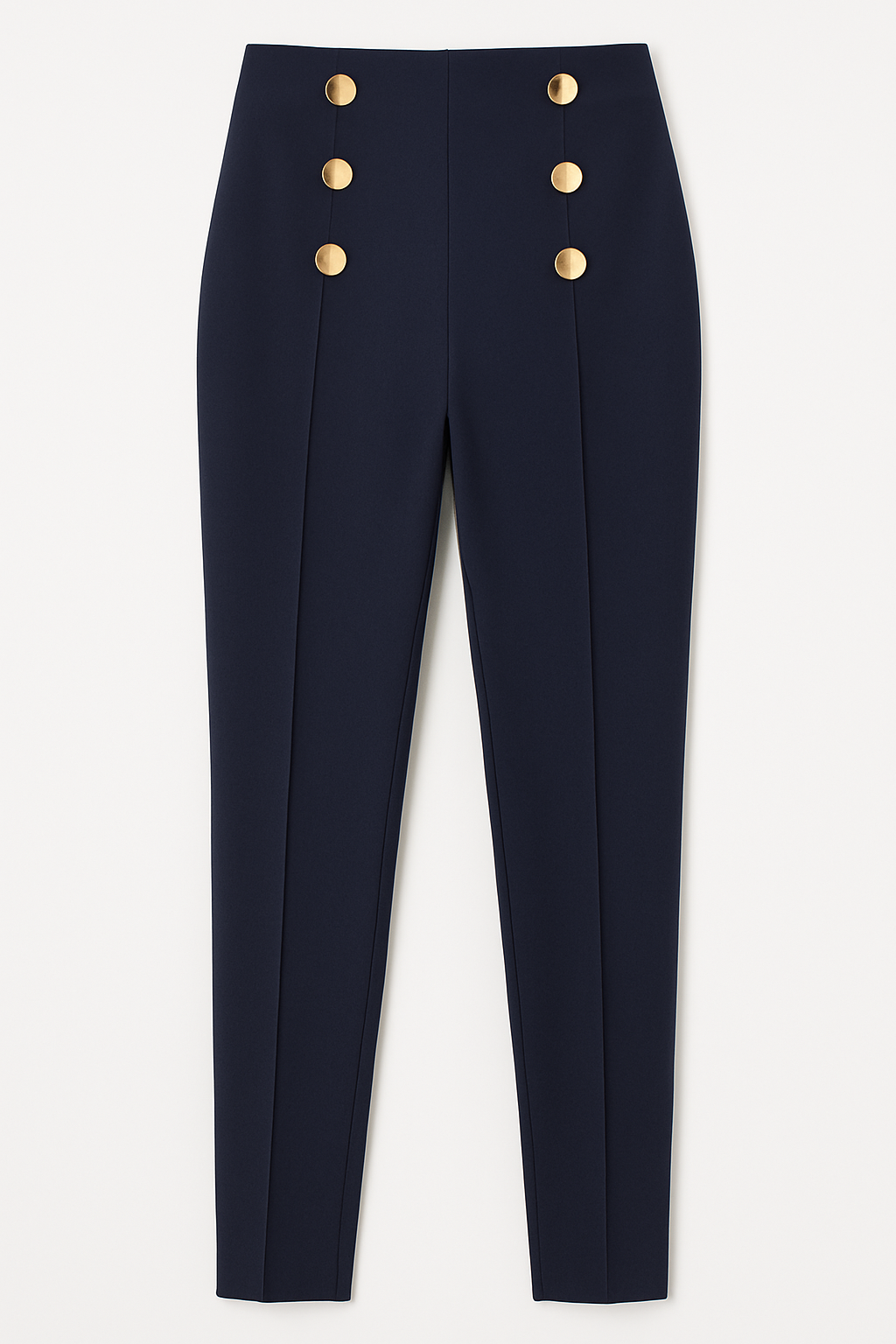PANTALON DAMA AZUL MARIN SEMIFORMAL LICRADO PINZAS ABERTURA TOBILLO DETALLE BOTONES ORO
