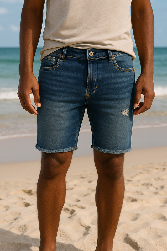 BERMUDA JEAN AZUL OSCURO CON BORDE DESPUNTADO Y DISEÑO ROTO EN BOLSILLO